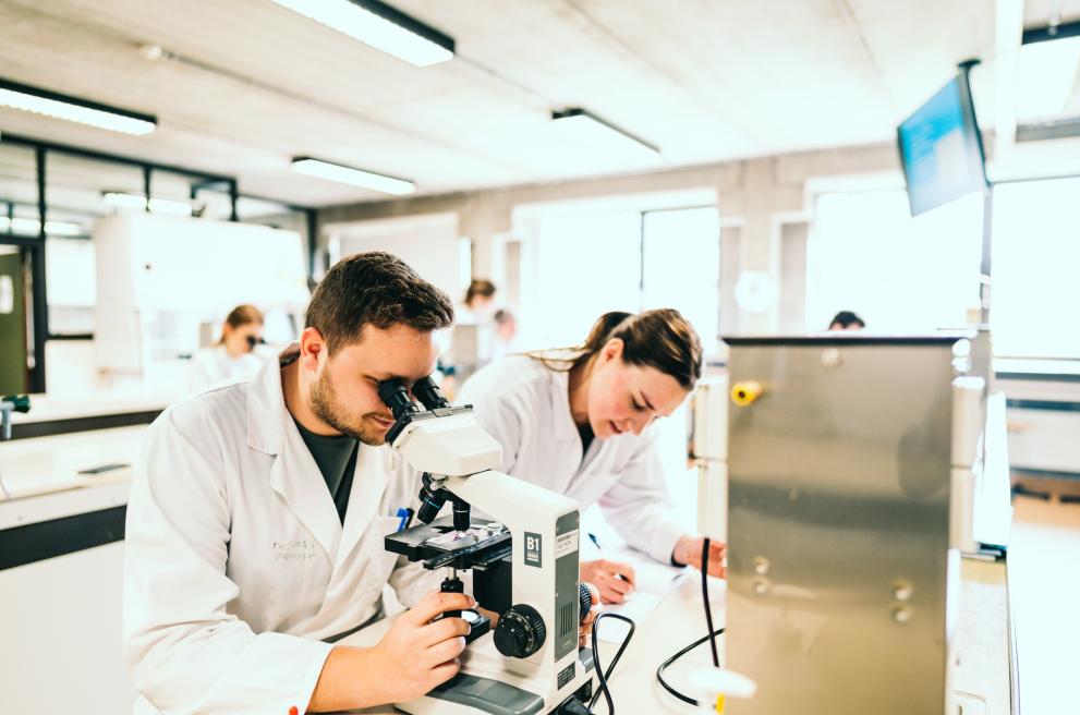 studenten met een microscoop op campus geel